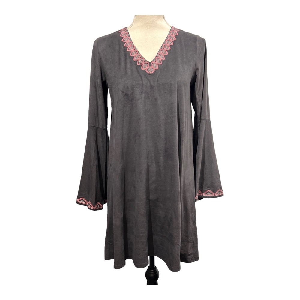 THML Mini Dress Gray Faux Suede‎ Flare Sleeve Embroidered Size S Boho Hippie